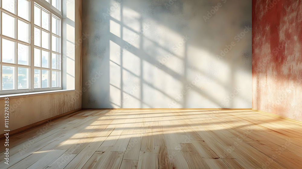 Poster sunlight streams through window in empty room with wooden floor