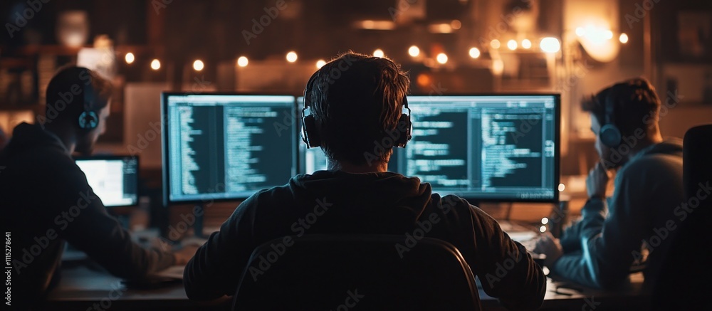 Poster rear view of a group of programmers working late at night in a dimly lit office.