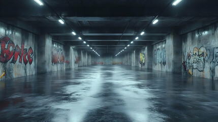 Exploring Urban Graffiti-Covered Tunnel's Dark, Wet Floor