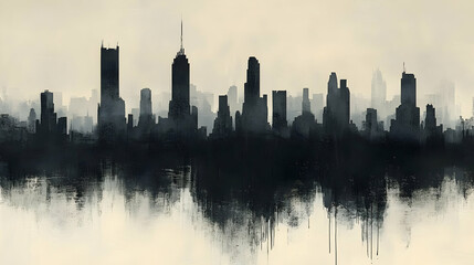 Obraz premium Cityscape Silhouette: Urban Skyline, Buildings, Architecture, Abstract Art, Grunge, Modern, Dark, Shadows, City, Towers, Highrises, Metropolis, Skylines, Urban, Contemporary Art