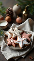 Golden star-shaped cookies dusted with edible shimmer powder and adorned with delicate icing patterns. Displayed on a glass plate with silver and gold holiday decorations.