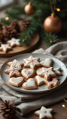 Fototapeta premium Golden star-shaped cookies dusted with edible shimmer powder and adorned with delicate icing patterns. Displayed on a glass plate with silver and gold holiday decorations.