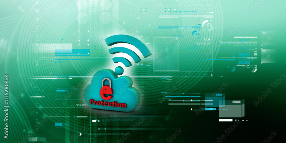 Poster 3d rendering e-mail symbol protection lock with cloud wifi . internet security concept