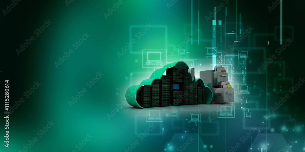 Poster 3d illustration data center server data sharing folder