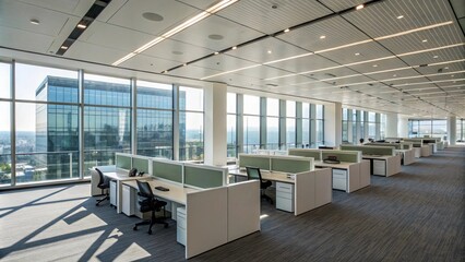 A modern office with floor-to-ceiling windows letting in abundant sunlight