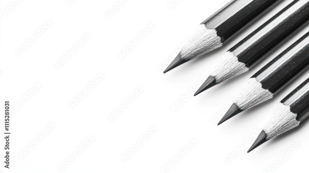Poster a close-up of four sharpened pencils arranged in a row against a white background.