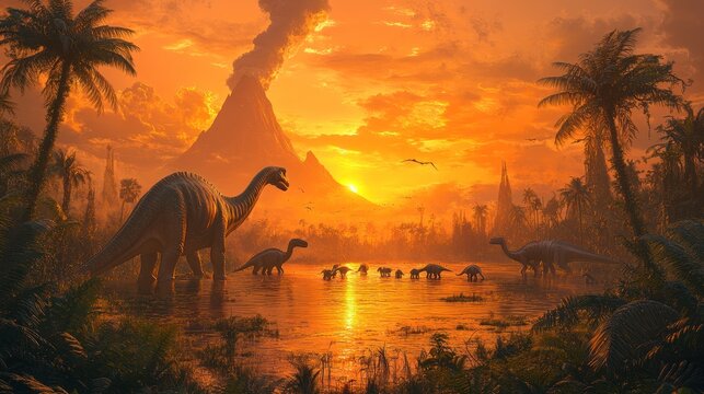 Dinosaurs at Sunset Near a Volcano in a Prehistoric Swamp
