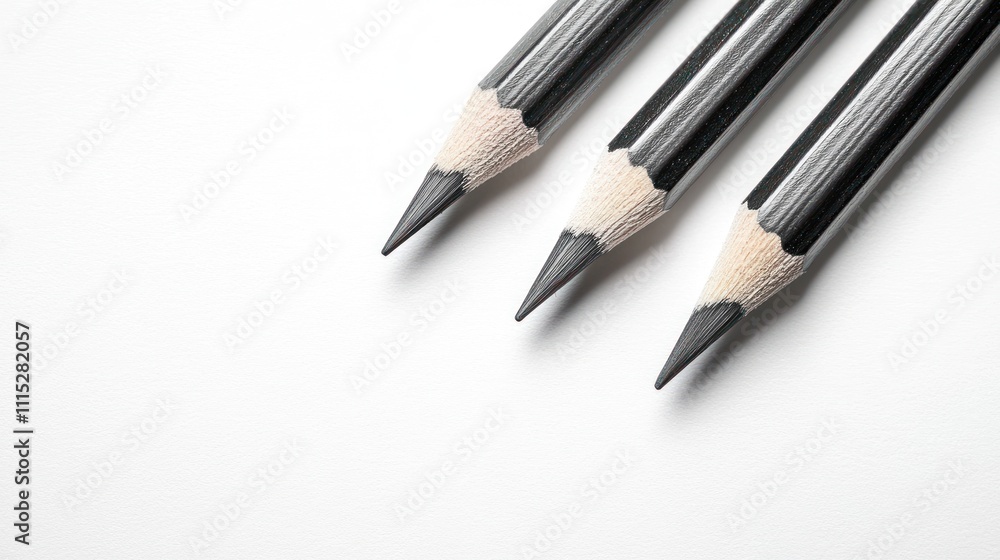 Poster three sharpened pencils arranged neatly on a blank surface.
