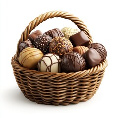 A woven basket filled with assorted chocolate , isolated on white background