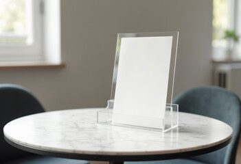 Minimalist acrylic sign holder on marble table in modern interior setting for advertisement or menu display