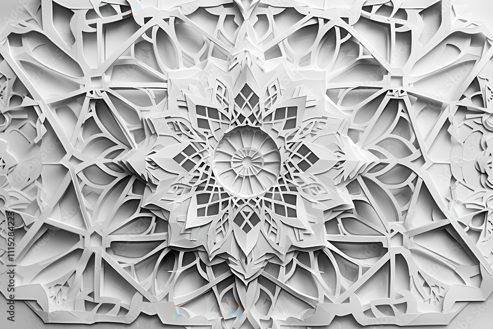 Aufkleber intricate white paper cut art with geometric patterns displayed on a textured surface, showcasing cr