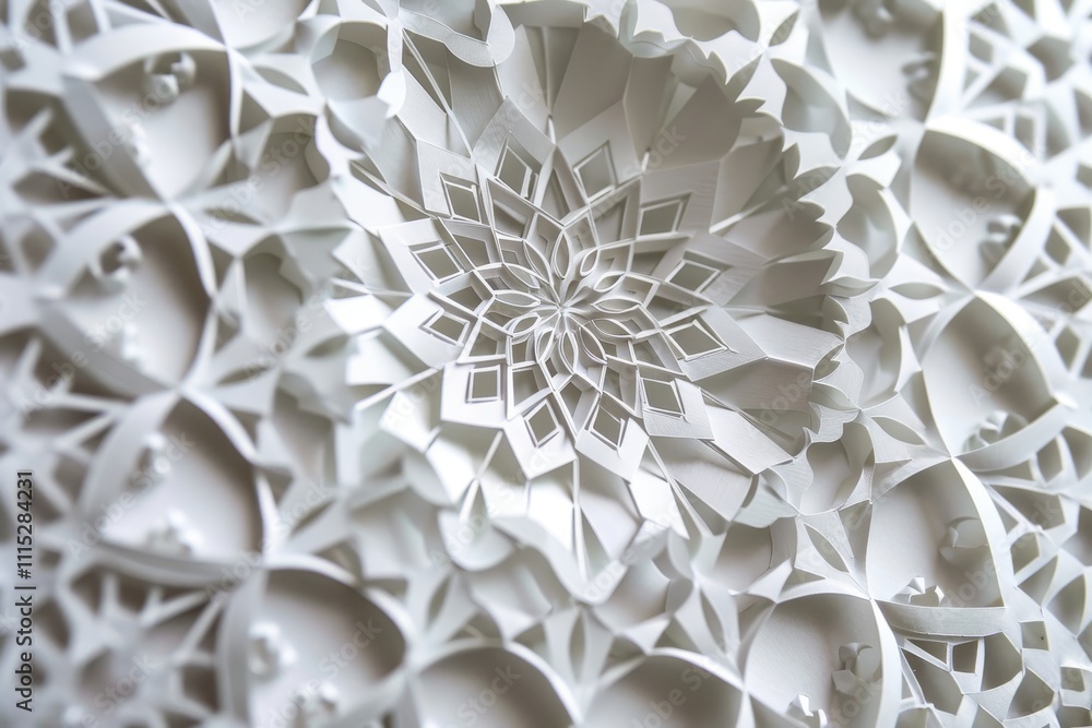 Poster intricate white paper cut art with geometric patterns displayed on a textured surface, showcasing cr