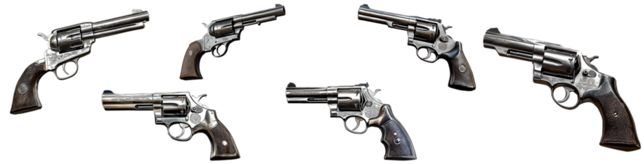 Old silver revolver isolated on transparent background