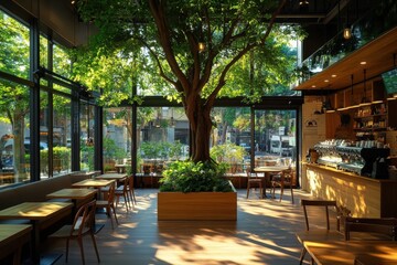 Fototapeta premium Cafe ambiance with indoor tree urban coffee shop interior design relaxed environment cozy viewpoint nature and comfort fusion
