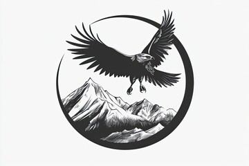 Fototapeta premium A hawk swooping down, talons extended, mountains in the background, circular design, vector, black and white simple. --ar 3:2 --v 6.1 Job ID: 92387b92-3c8b-4900-afae-28e257b3cf92