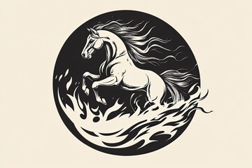 A horse rearing up flames beneath round design vector black and white simple