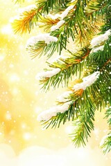 Obraz premium Snowy Pine Branches on Golden Christmas Background