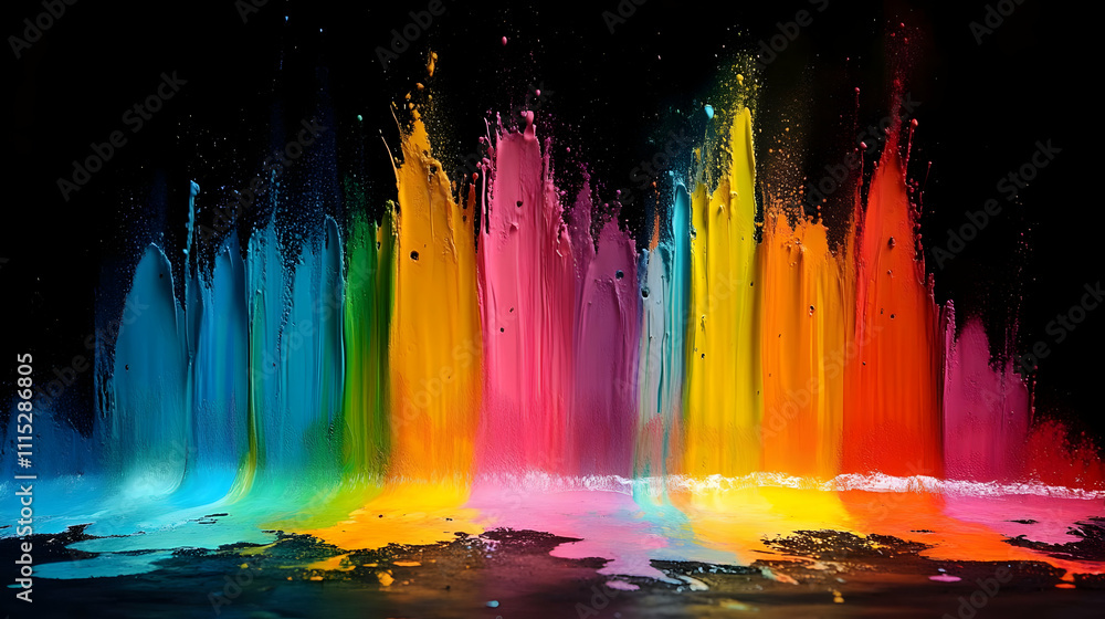 Poster vibrant rainbow paint explodes dynamically across canvas
