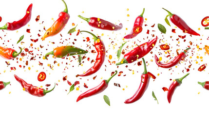 flying chili peppers isolated on a transparent background