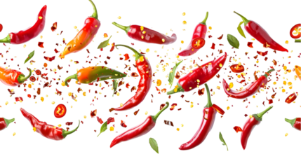flying chili peppers isolated on a transparent background