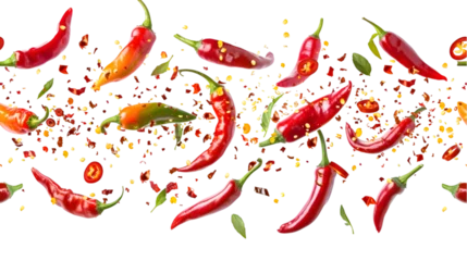 flying chili peppers isolated on a transparent background