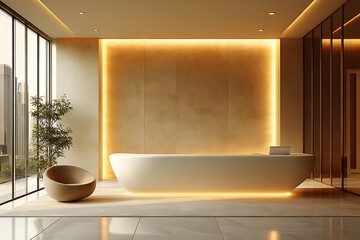 Luxury and contemporary lobby area interior design in white and wood style with reception counter, hardwood floor and elegance corridor. beauty spa or office reception. 3d render, 3d illustration
