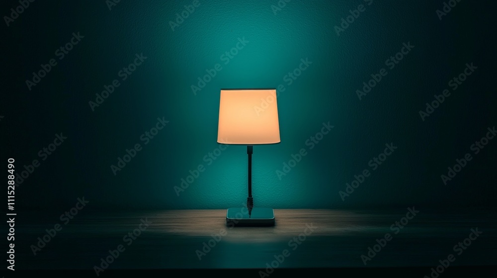 Poster a minimalist lamp with a soft glow, set against a teal background, creating a tranquil and inviting 