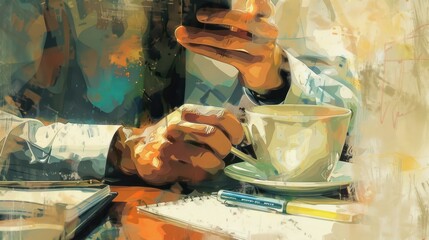 Obraz premium Artistic close-up of a man's hands holding coffee and a cell phone