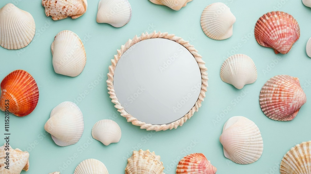 Poster a circular mirror surrounded by various seashells on a light blue background, creating a coastal and