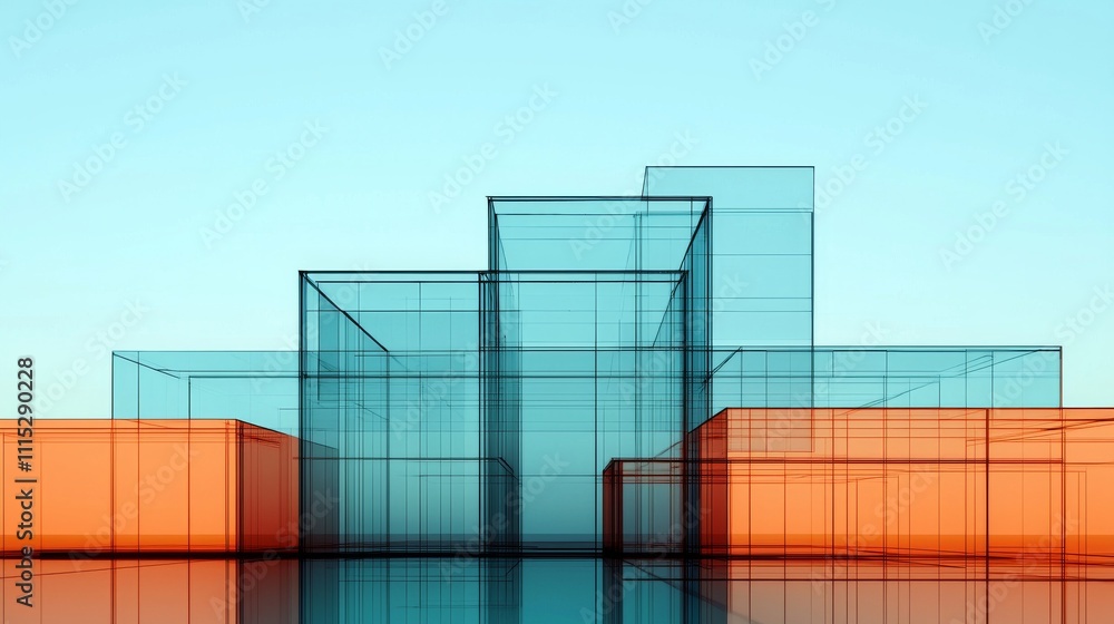 Poster abstract geometric structures with transparent outlines and vibrant colors against a clear sky, crea