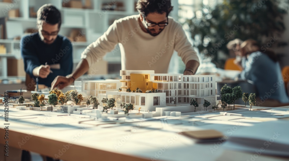 Aufkleber two architects working on a detailed model of a modern building in a design studio.