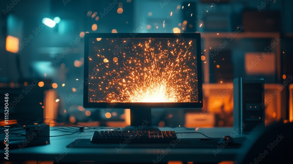 Poster a computer screen displays an explosion of sparks, set in a dimly lit room filled with shelves, crea
