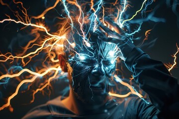 Obraz premium A close-up of a person emanating electric energy from their head while screaming, showcasing a dramatic representation of intense emotion and mental struggle