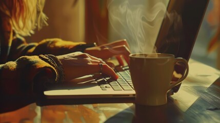 An artistic depiction of a person's arms resting on a laptop keyboard next to a cup of coffee.