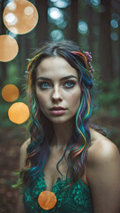 Obraz premium Enchanting Woman With Freckles And Rainbow Hair Wearing Green Lace Dress Posing In Mystical Forest Surrounded By Warm Bokeh Lights