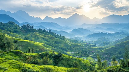 Obraz premium Stunning Sunrise over Lush Green Rice Terraces and Mountains