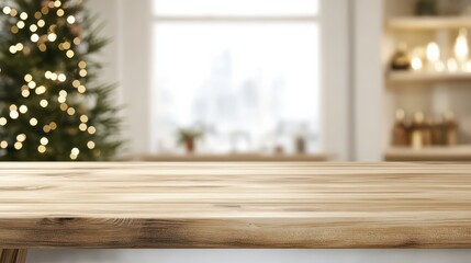 empty christmas table background with christmas tree out of focus for product display montage 