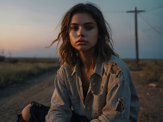 A girl wearing an oversized, tattered shirt, is sitting by a roadside on a dusty evening.