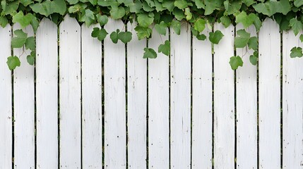 Fototapeta premium Overgrown Vines Embrace a Weathered White Fence in a Peaceful Garden Scene of Nature's Resilience. Perfectly Imperfect Concept