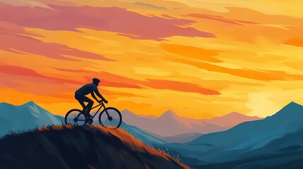 Fototapeta premium A cyclist ascends a hill at sunset, surrounded by mountains, showcasing the beauty of nature and adventure.