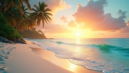 Tropical beach at sunset with white sands, turquoise waters, lush palm trees, and a vibrant sky in orange, pink, and purple hues. A serene and picturesque coastal paradise.