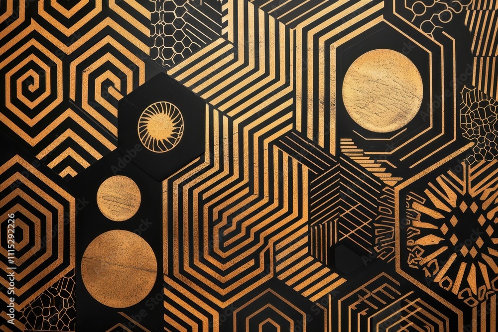 Poster colorful geometric patterns with intricate designs on a decorative surface featuring various materia