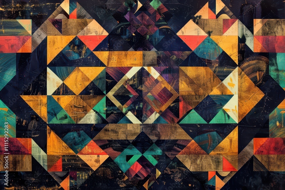 Poster colorful geometric patterns with intricate designs on a decorative surface featuring various materia