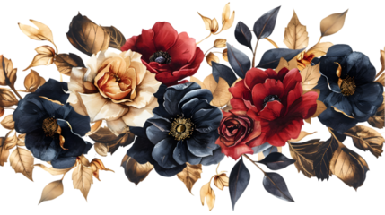 Glossy flowers bouquets and leaves with golden red, and black color luxury decoration element isolated on a transparent background