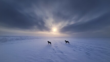 Fototapeta premium Two Dogs in Snowy Landscape, Winter Sunset | Dramatic Skies: The im...