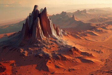 Naklejka premium A breathtaking view of majestic red rock formations under the golden light of sunset in a vast desert landscape, showcasing nature's raw beauty in its purest form