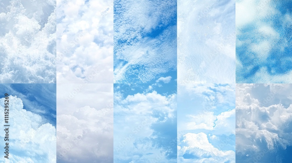 Poster A captivating collection showcases various light blue cloudy skies, blending intricate textures and patterns