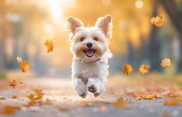 A playful white and brown Jack Russell Terrier puppy runs joyfully through the grass, chasing a red ball