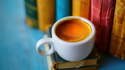 An elegant composition featuring a rich espresso alongside a stack of books.