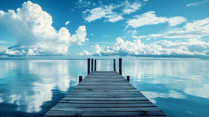 Fototapeta premium Wooden Dock Extending Over Calm Water Under Blue Sky